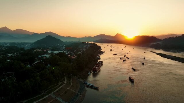 Drone aerial view of Luang Prabang an UNESCO World Heritage city in Laos.