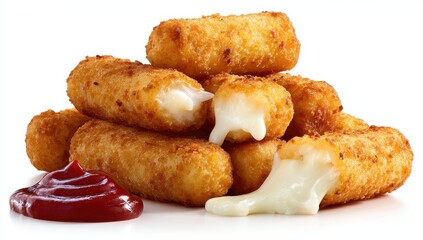 Crispy Golden Mozzarella Sticks with Gooey Melted Cheese and Dipping Sauces on White Background.