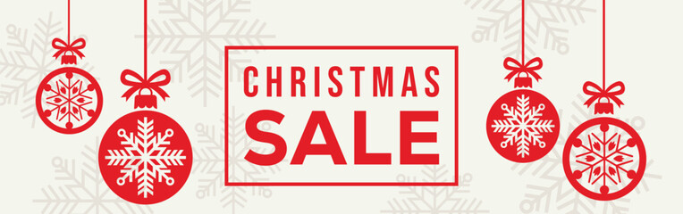 Elegant Christmas sale banner with white background, bold SALE typography and end of season text, decorated with red hanging snowflake baubles and subtle snowflake pattern, perfect for winter retail. © bibin