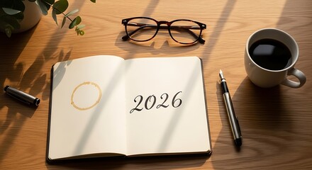 New year planning with coffee and stationery on wooden desk