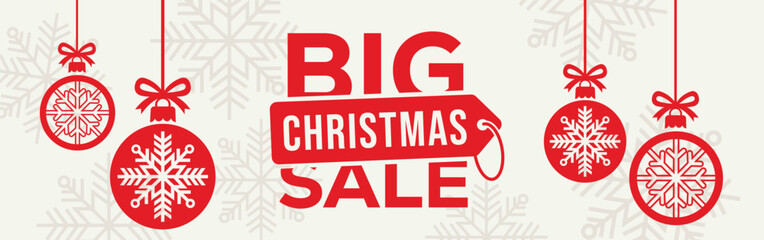 Elegant Christmas sale banner with white background, bold SALE typography and end of season text, decorated with red hanging snowflake baubles and subtle snowflake pattern, perfect for winter retail. © bibin
