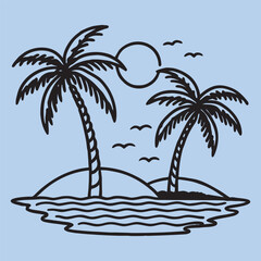 vintage tropical palm tree,house,beach vector line art illustration.