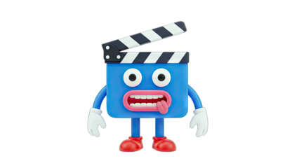 Funny Clapperboard Character with Tongue Out on White Background