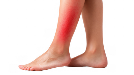 Woman showing red and inflamed skin on calf muscle, possible sunburn or allergic reaction, isolated on transparent background, ideal for health and medical themes