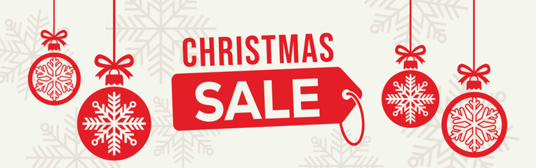 Elegant Christmas sale banner with white background, bold SALE typography and end of season text, decorated with red hanging snowflake baubles and subtle snowflake pattern, perfect for winter retail. © bibin