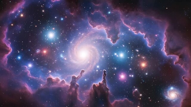 Vibrant galaxy with swirling clouds of gas and stars in deep space with bright celestial bodies