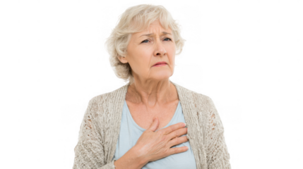 Senior woman holding her hands to her chest, experiencing discomfort and pain, possibly indicating a heart attack or other medical emergency, isolated on transparent background