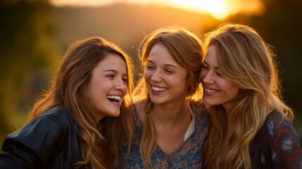 Fototapeta premium Faceless teenagers laughing together on golden hour outdoor setting, youth friendship and joy, defocused sunset background, with copy space