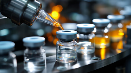 Medical vial production at high speed, pharmaceutical container manufacturing, drug packaging automation, healthcare product processing, rapid medication bottling operations, with copy space