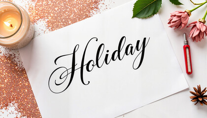 Elegant holiday calligraphy surrounded by glitter and flowers, festive spirit