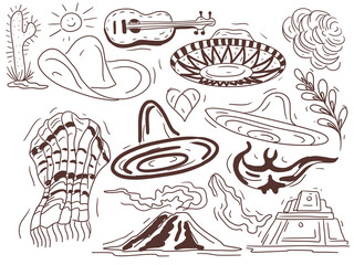Mexico culture and traditions hats and sombreros guitar travel and tourism volcanoes and pyramids recreation bright ponchos national clothing hand-drawn sketch cute cartoon
