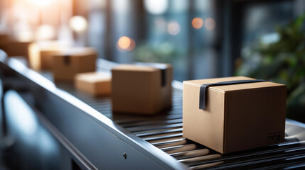 Closeup of multiple cardboard box packages on conveyor belt, shipping container transport, product packaging distribution, logistics preparation, order fulfillment processing, with copy space