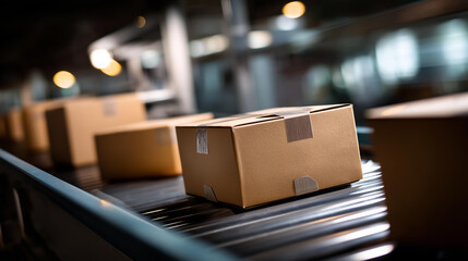 Closeup of multiple cardboard box packages on conveyor belt, shipping container transport, product packaging distribution, logistics preparation, order fulfillment processing, with copy space
