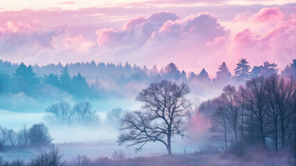 Serene landscape with misty trees at sunrise or sunset with pink clouds
