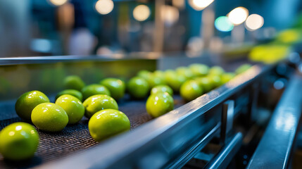 Fresh olives on conveyor belt during quality inspection in olive processing plant, agricultural product assessment, food manufacturing quality control, produce examination process, with copy