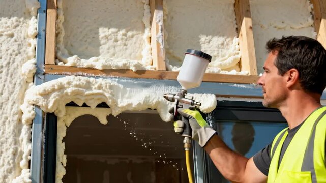 Worker uses closedcell spray foam to fill gaps around windows providing waterproofing and superior insulation for building integrity