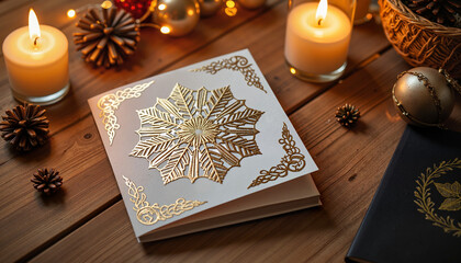 Elegant embossed card on wooden table with candlelight, holiday warmth