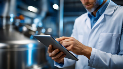 Faceless closeup engineer worker tablet in food and drinks factory industry monitor operate control inspecting production line high pressure tank, defocused person with device, with copy space