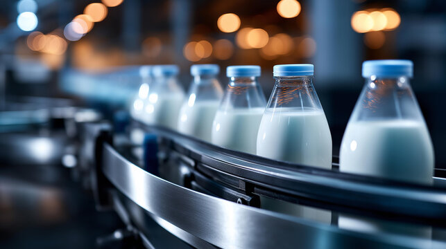 Modern milk production line showcases bottles on conveyor, highlighting sanitation and efficiency in dairy manufacturing, beverage bottling automation, food safety processing, with copy space