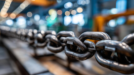 Metal chain of conveyor belt on production line on cable factory, industrial transport mechanism, manufacturing material handling, facility logistics equipment, with copy space