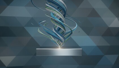Abstract blue green digital spiral flowing onto a gleaming platform
