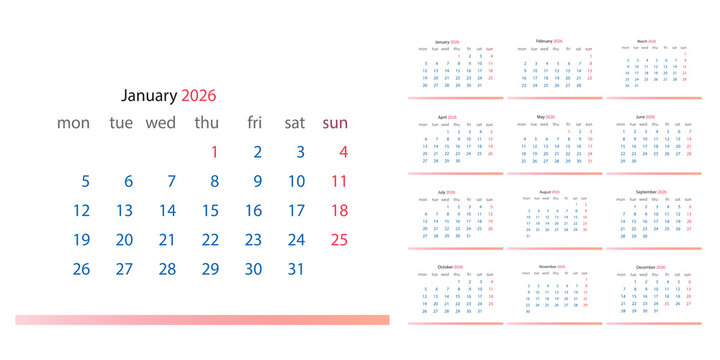  2026 calendar template clipart set. 12 months calendar in minimal lay out clip art collection with days and weekly schedule monthly pages design vector illustration