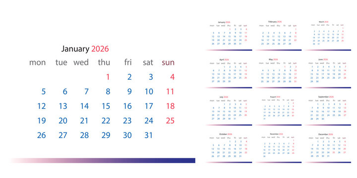  2026 calendar template clipart set. 12 months calendar in minimal lay out clip art collection with days and weekly schedule monthly pages design vector illustration