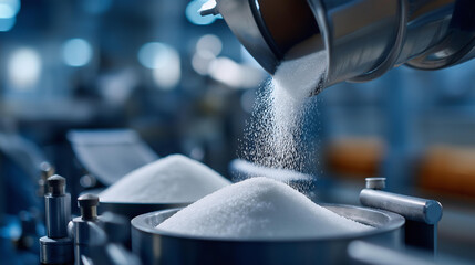 Granulated sugar pouring into industrial packaging on production line, sweetener manufacturing, commodity processing, food ingredient packaging, bulk sugar filling operations, with copy space