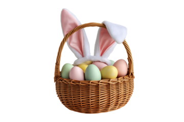 Easter basket with bunny ears and colorful eggs in wicker basket with soft pastel colors for spring holiday decor