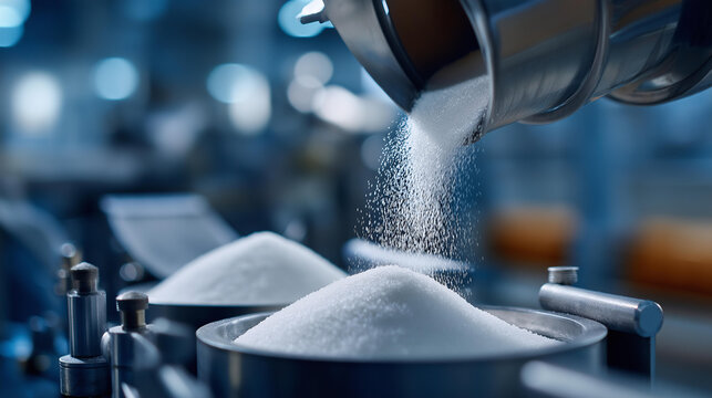 Granulated sugar pouring into industrial packaging on production line, sweetener manufacturing, commodity processing, food ingredient packaging, bulk sugar filling operations, with copy space