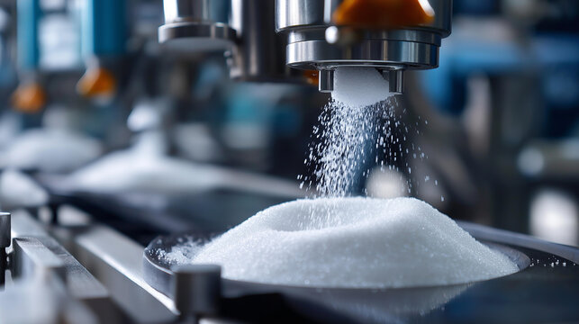 Granulated sugar pouring into industrial packaging on production line, sweetener manufacturing, commodity processing, food ingredient packaging, bulk sugar filling operations, with copy space