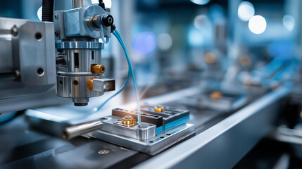 Fototapeta premium Mass production assembly line of electric vehicle battery cells closeup view, EV power storage manufacturing, automotive energy component production, clean technology fabrication, with copy space