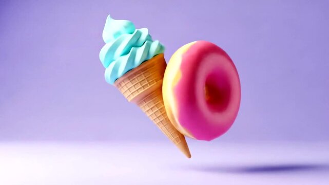Delicious Ice Cream Cone and Donut Floating on a Purple Background.