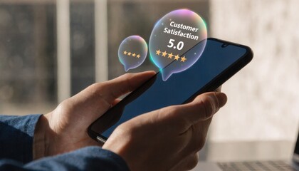 A young businessman uses his finger to touch a digital screen icon on a mobile phone, connecting to a social media network and the future of internet communication technology