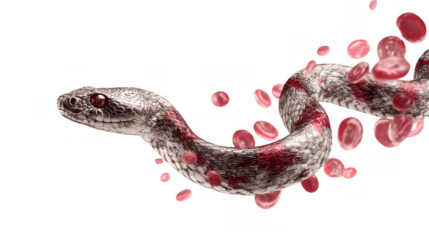 3d rendering of a snake slithering among blood cells, simulating a snake venom attack on a transparent background, perfect for scientific or medical visualizations