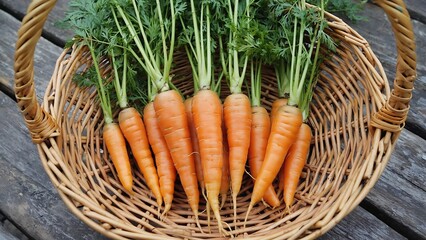 Fresh Carrots in Rustic Basket on Wooden Table for Healthy Produce