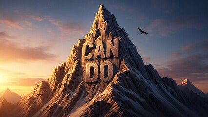 Majestic mountain peak with inspiring CAN DO message at sunset for National Can Do Day