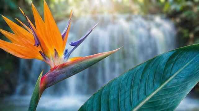 A striking Bird of Paradise flower with orange blue and purple petals stands out against a blurred background of a misty tropical waterfall and lush