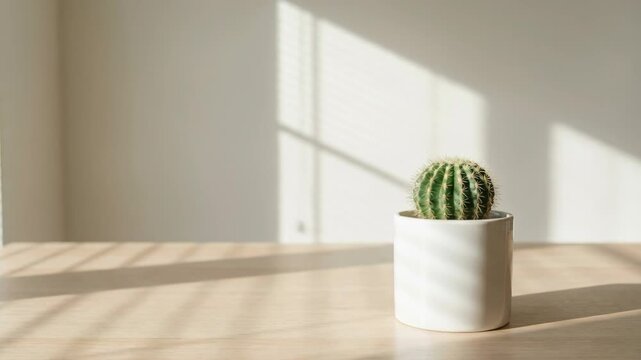A green cactus in a white pot sits on a light wood table, illuminated by natural sunlight creating striped shadows from window blinds