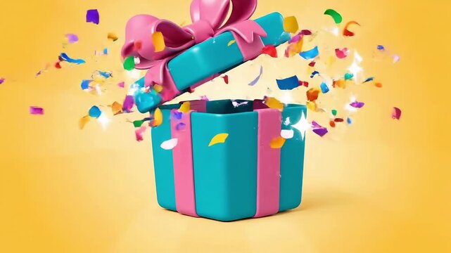 Brightly colored 3d gift box with pink ribbon exploding with confetti against a sparkling yellow background celebrating a special occasion
