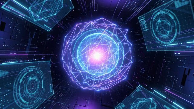 Abstract digital orb with geometric network and glowing data streams in a futuristic tunnel with blue and purple neon lights. Futuristic technology