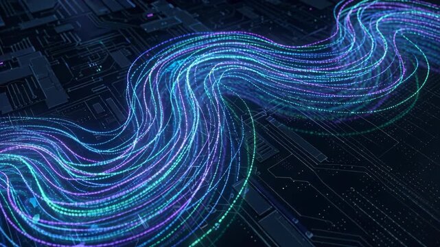 Abstract digital stream of vibrant blue and purple light particles flowing dynamically over a dark, futuristic circuit board. Subtle geometric shapes