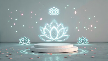 Glowing lotus flowers on a white circular podium with petals and sparks