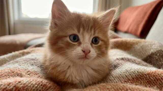 Close up of a cute ginger tabby kitten nestled on a warm, textured blanket indoors with soft natural light illuminating its fur