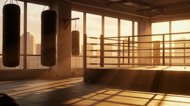 An empty boxing gym at golden hour with punching bags and a ring bathed in warm sunlight streaming through large windows overlooking a cityscape