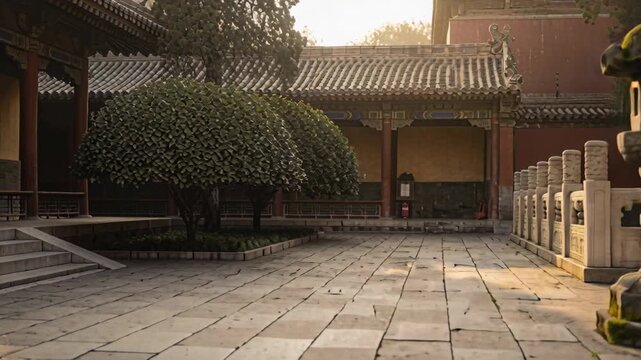 Golden morning sunlight illuminates an intricately carved stone balustrade and the roofline of a traditional Chinese temple. Stone lanterns line a