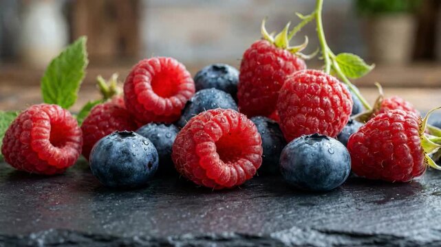 A detailed macro photograph showcases a cluster of ripe red raspberries and deep blue blueberries artfully arranged on a textured dark slate slab