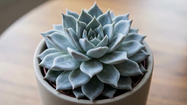 A detailed macro view of a pale blue succulent plant in a beige pot on a wooden table. Soft natural light illuminates the intricate petal patterns