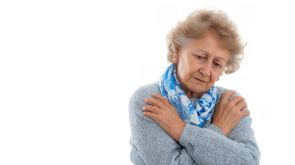 Senior woman with grey hair and pink sweater is holding her shoulder because of strong pain, her eyes are closed on a transparent background