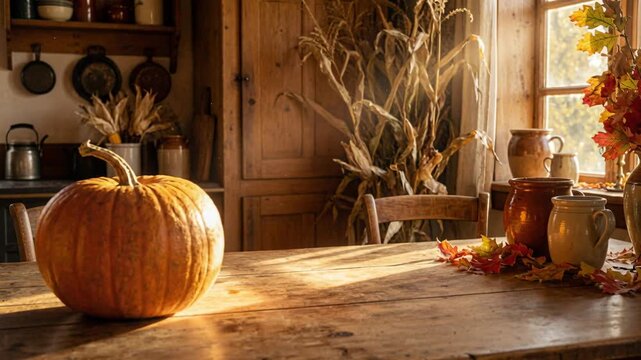 A single ripe pumpkin sits on a rustic wooden table, bathed in warm sunlight from a window. Autumnal decor like corn stalks and leaves complete the